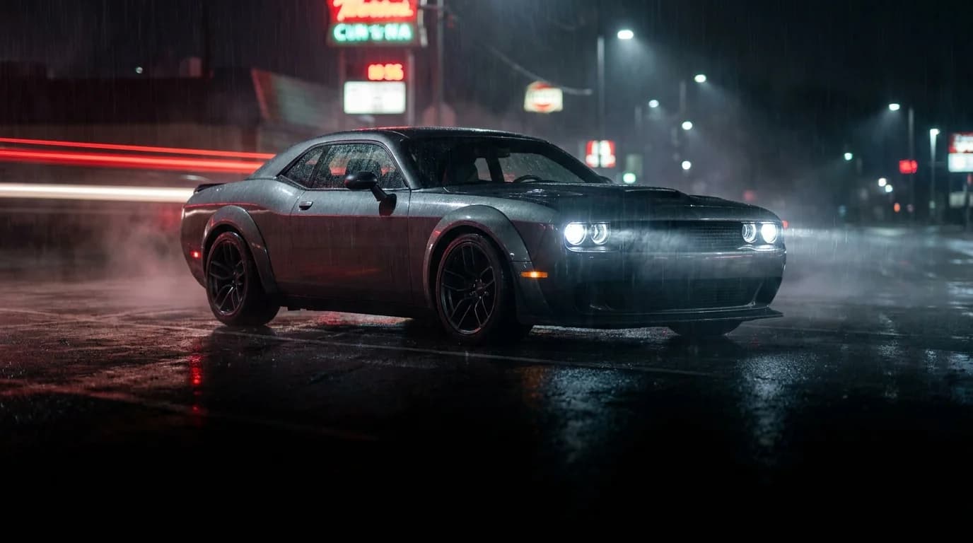 Amerikanisches Muscle-Car in dramatischem Licht – US-Originalteile ab Lager Wiesbaden